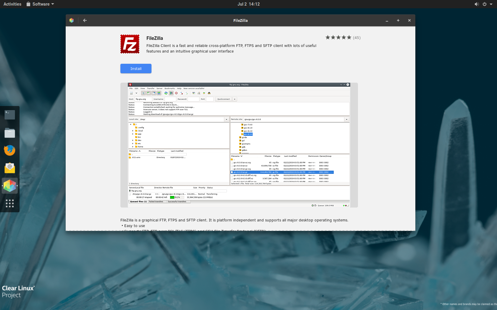 Filezilla Flatpak detail page in GNOME Software