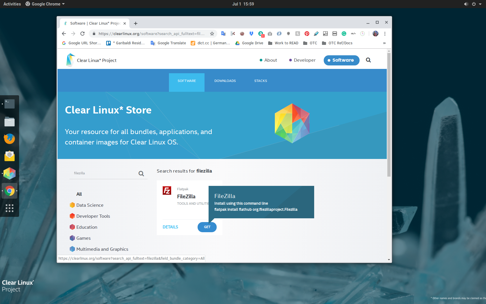 Command line instructions to install Filezilla from the Clear Linux Store
