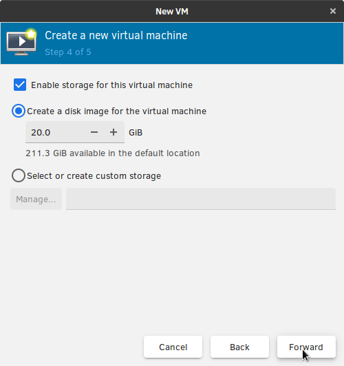 New VM Enable storage dialog box