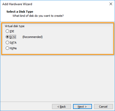 VMware Workstation Player - Select virtual disk type