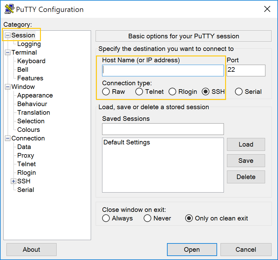 Putty - configure SSH session settings