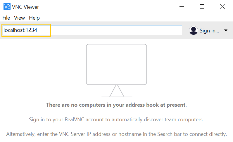 RealVNC viewer app connecting to localhost:1234
