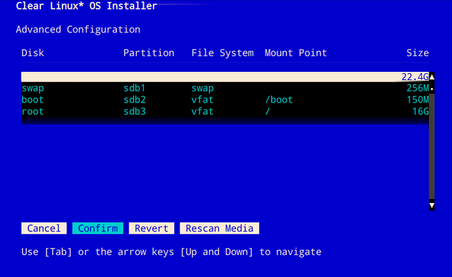Final configuration of disk partitions