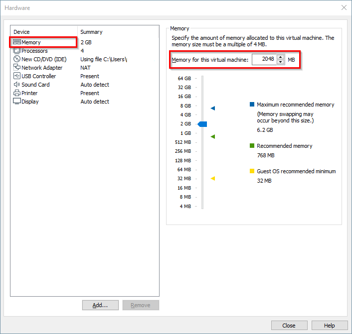 VMware Workstation Player - Set memory size