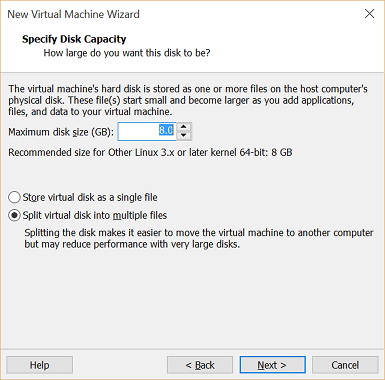 VMware Workstation 14 Player - Set disk capacity