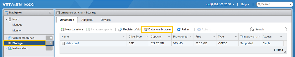 VMware ESXi - Navigator > Storage