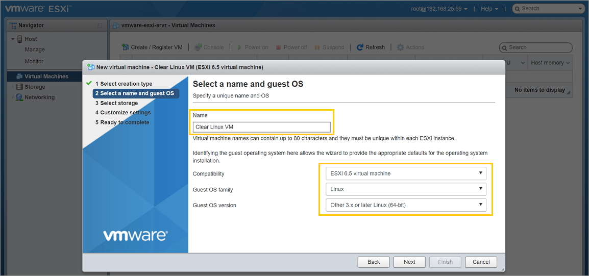 VMware ESXi - Give a name and select guest OS type