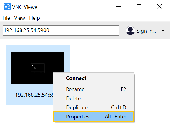 RealVNC Viewer - change connection node properties