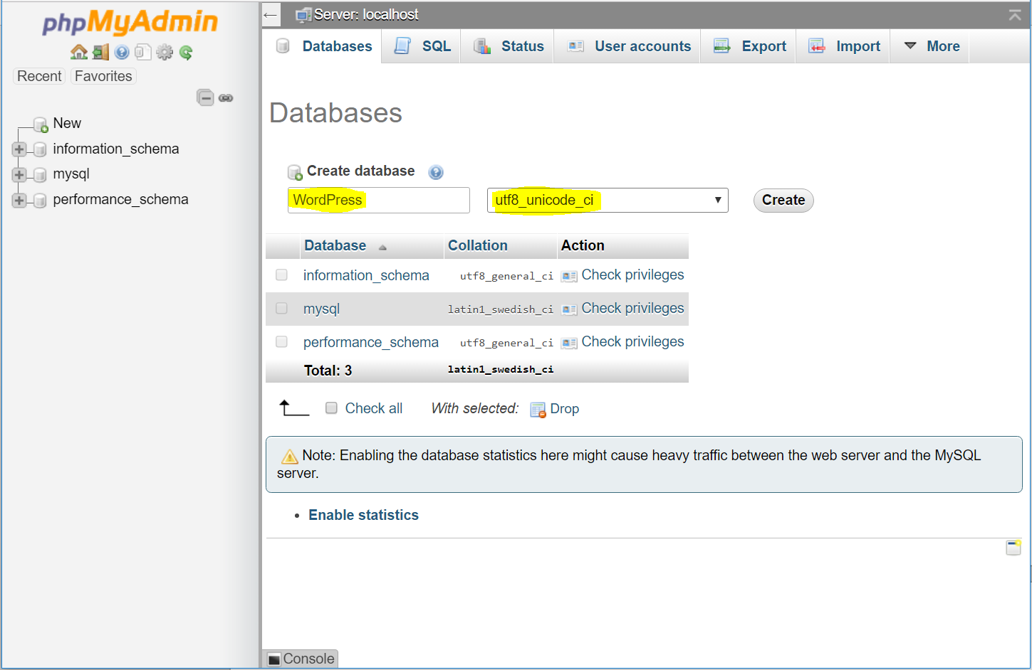 Databases tab